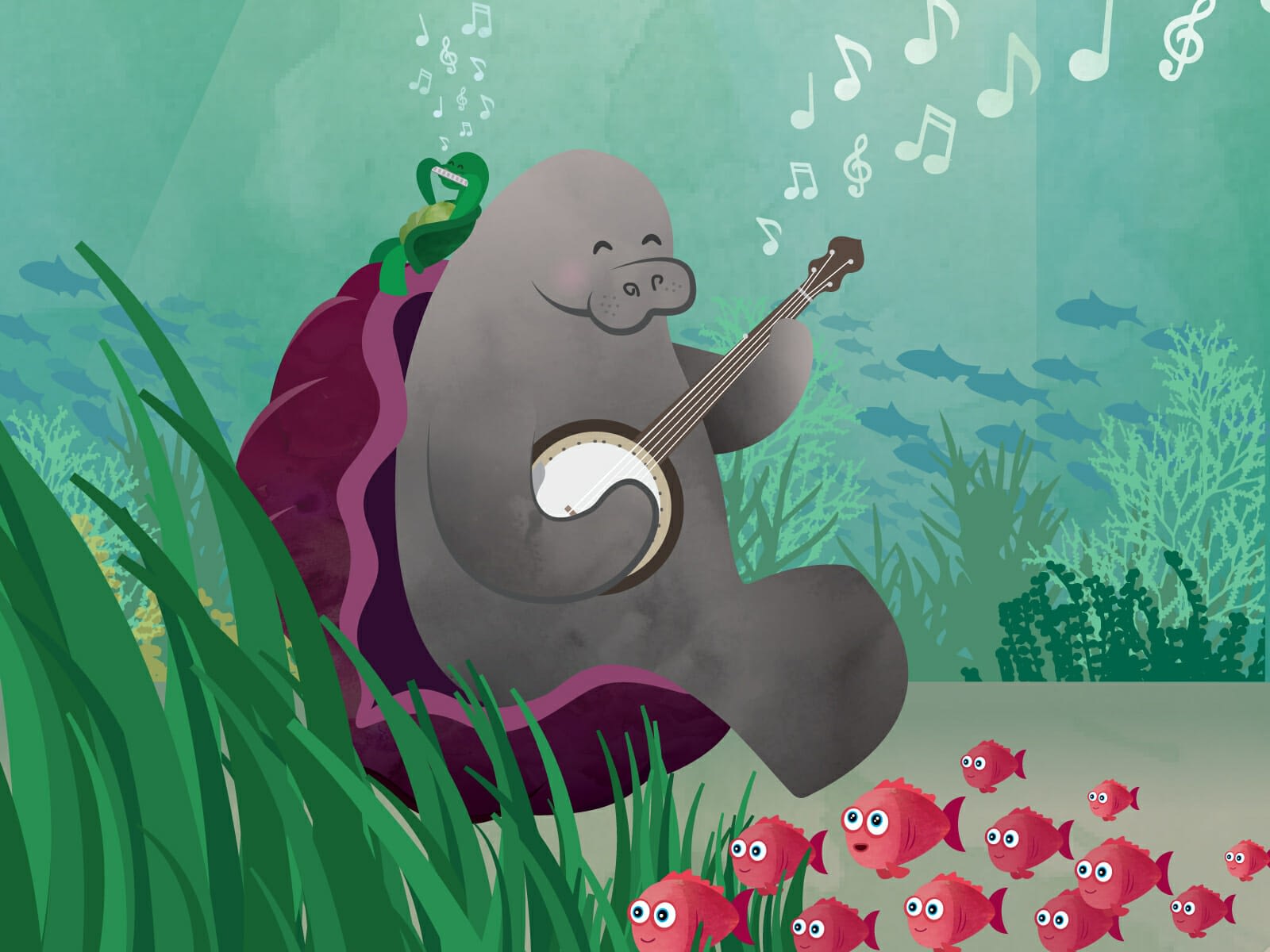 illustration of a manatee playing a banjo and a turtle playing a harmonica while a school of shocked fish swim by