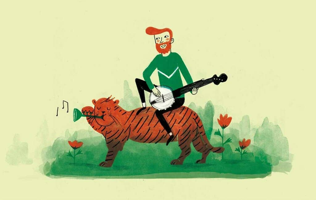 Illustration of man playing a banjo on a tiger by Astrid Yskout