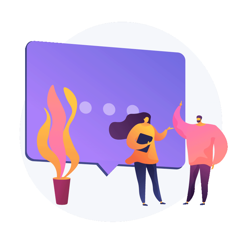book-meeting illustration of a man and woman in conversation in front of a large speech bubble